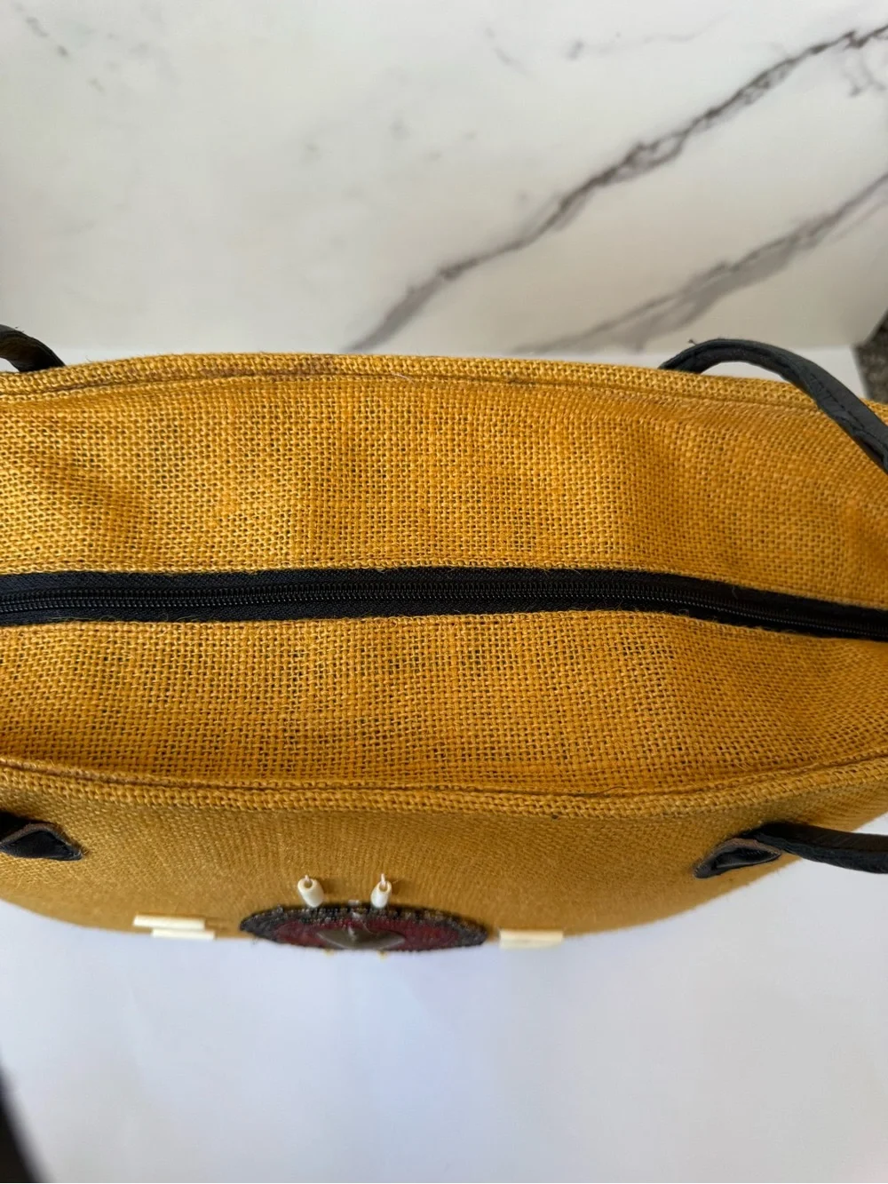 Mustard Straw Tote with Beaded Medallion and Black Handles